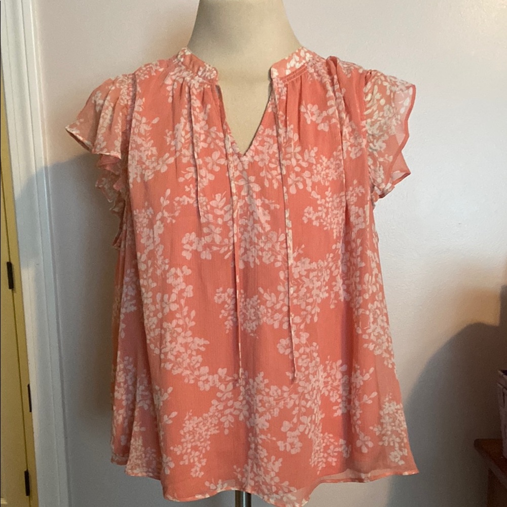 LC Lauren Conrad Pink Flutter Sleeve Blouse with Mandarin Collar